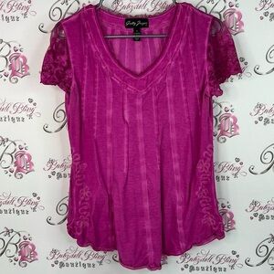 Gretty zueger top tshirt tee pink purple lace  Magenta Lace Sleeve Blouse
